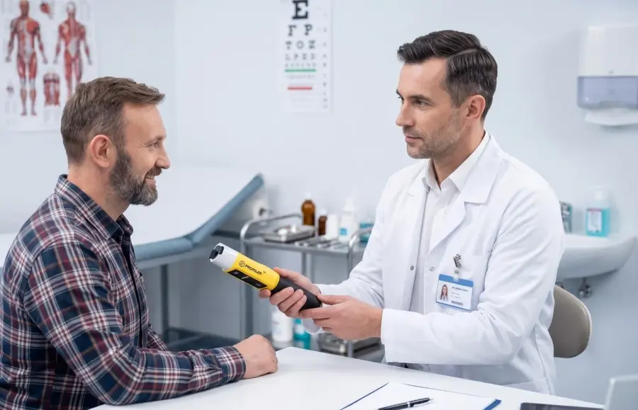 Medico e lavoratore durante il test dell'alcol con etilometro