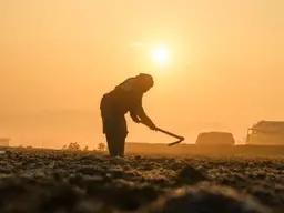 Lavoratore agricolo che zappa il campo in una giornata di sole e caldo